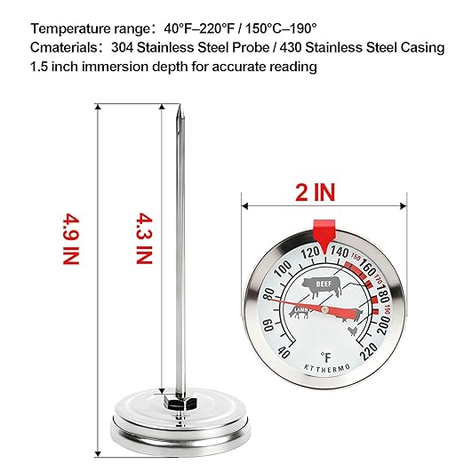 Meat Thermometer for Oven, Analog Leave-in with Adjustable Red Target Indicator, 2-Inch Dial with Meat Icons, 4.3-Inch 304 Stainless Steel Probe, 40-220°F for Beef Poultry Pork Lamb Seafood