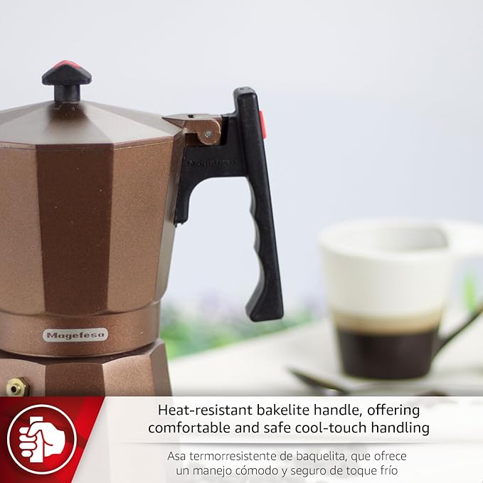 Magefesa Colombia Brown Stovetop Espresso Moka Pot, 6-Cup/10 oz, Italian Coffee Maker for Cuban Coffee, Extra-Thick Aluminum, Heat-Resistant Handle, Safe & Easy-to-Use, Greca Coffee Maker