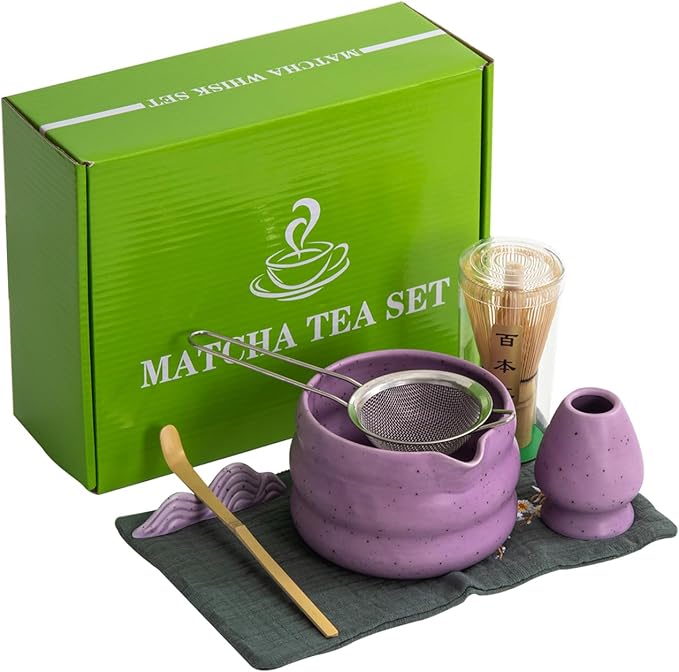 7Pcs Japanese Matcha Tea Set, Matcha Kit with Matcha Bowl (with Pouring Spout), Matcha Whisk, Whisk Holder, Strainer - Elegant Matcha Set for Gifting and Personal Use, Gift Box Packaging (Purple;)