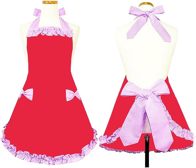 Hyzrz Cute Fashion Aprons for Women Girls Waitress Cooking Restaurant Kitchen Home Cooking Chef Bib Apron Dress Gift (Red) - Image 2