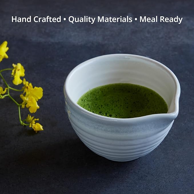 Goodies White Matcha Bowl, Handmade Ceramic, Glazed, Dishwasher Safe, Microwave Safe, Spill-Free Spout for Easy Mix and Pour, Perfect for Whisked Matcha and Tea, 10 oz