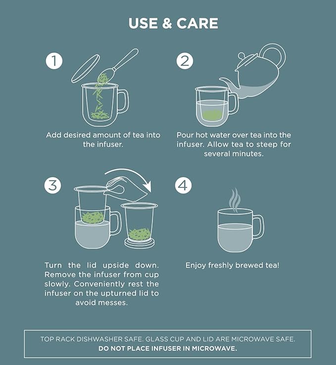 Teabloom Tea-For-One Steeping Mug – Insulated Double Wall Glass Mug (12 oz), Stainless Steel Infuser, Porcelain Lid/Coaster – Great For Brewing Loose Leaf Tea