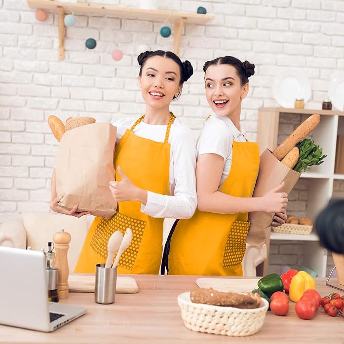 Total 6PCS Yellow Apron for Adult Women Unisex Durable Comfortable with 2 Front Pocket Washable Plain Color Bib Chef Apron for Cooking Baking Kitchen Restaurant Crafting Painting Party - Image 7