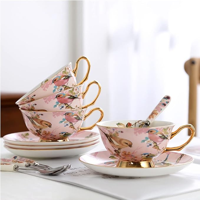 Pink Bird Porcelain Tea Cup Set with Saucer and Spoon - 7oz, Cappuccino and Latte Cups, Mother's Day Gift