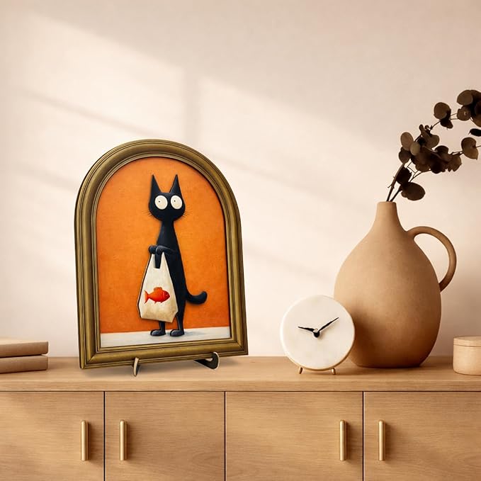 3D Cute Black Cat Table Decor Sign, Funny Cat and Fish Wall Art Sign for Home Living Room Dining Room Table Wall Desk Decor 8x10 Inch