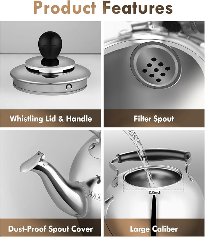 Stovetop Tea Kettle - 2.0 Quart Round Tea Pot for Stovetop, Whistle Alert, Mirror Polished Classic Water Kettle, Food Grade Material Teapot for Stove Top, Compatible with Gas & Electric Coil Stovetop