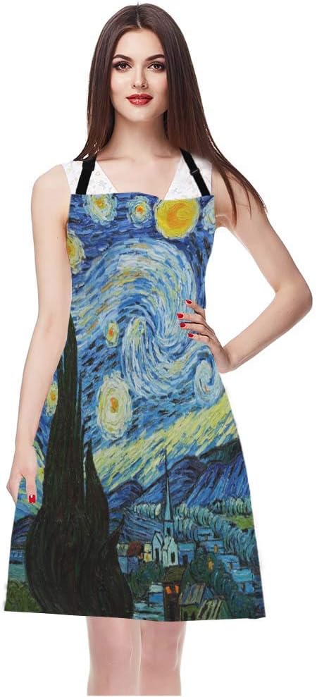WONDERTIFY Classic Arts Starry Night Apron,Oil Paniting Bib Apron with Adjustable Neck for Men Women,Suitable for Home Kitchen Cooking Waitress Chef Grill Bistro Baking BBQ Apron