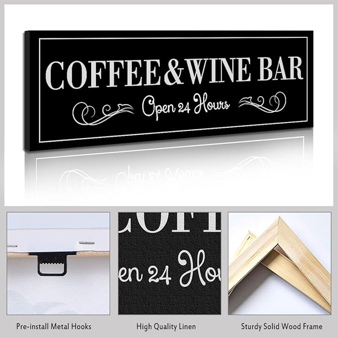 WOWGOOMO Coffee and Wine Bar Signs Decor, Classic Kitchen Wine Cabinet Decorative Signs & Plaques, Black Bar Accessories, 6x17 Inches