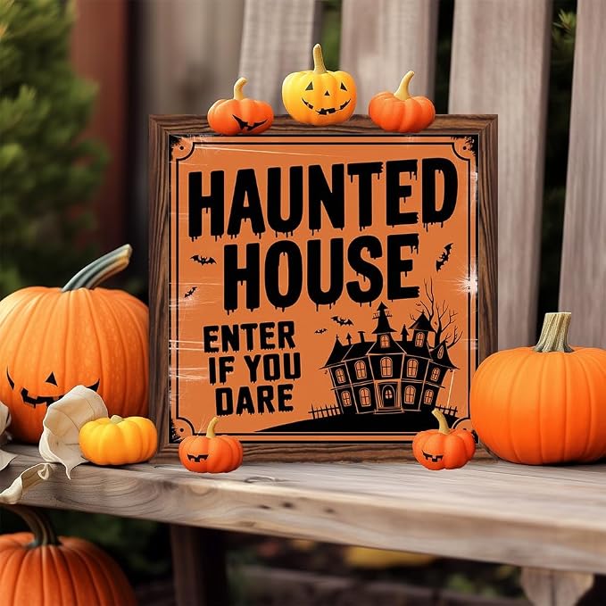 Vintage Halloween Haunted House Enter If You Dare Wooden Sign 7.87x7.87 Inch, Halloween Wall Art Wooden Sign For Porch, Bathroom, Cafe, Bar, Office Hanging Decor - Image 7