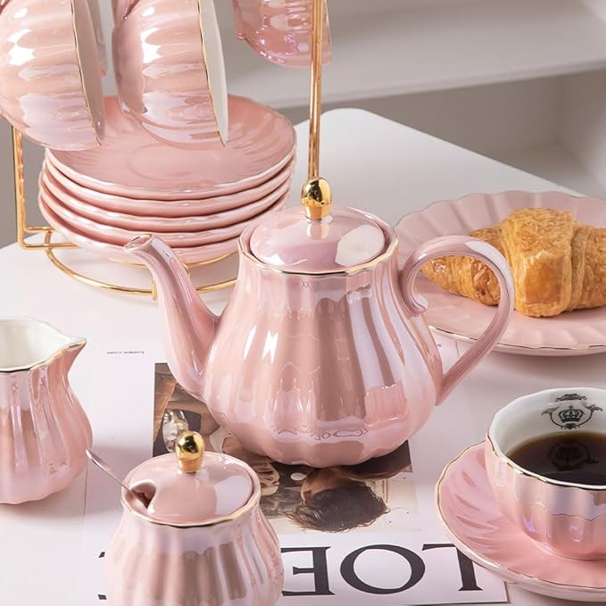 Sweejar Porcelain Tea Sets British Royal Series, 8 OZ Cups& Saucer Service for 6, with Teapot Sugar Bowl Cream Pitcher Teaspoons and tea strainer for Tea/Coffee (Coral Pink)