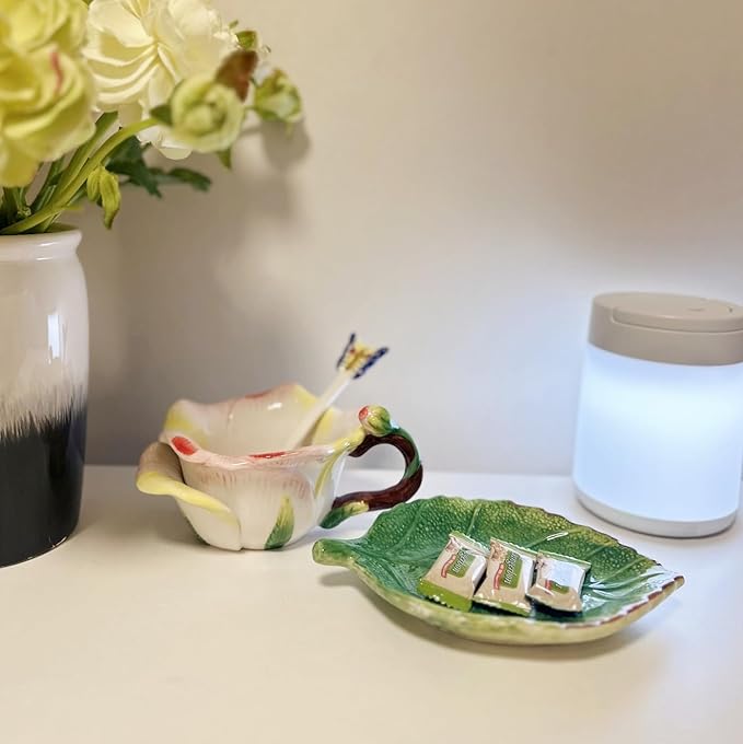 Ceramic Tea Cup and Saucer Set ,6OZ 3D Hand-Painted Flower and Lotus Leaf Coffee Mug,Gift for Women- Champagne Rose