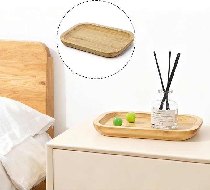 Bamboo Bathroom Tray, 7.9 x 5.1 x 0.8 Inch Wooden Vanity Tray Bathroom Counter Tray for Home Toilet Tank Perfume Cotton Swabs Cosmetic Lotion Organizing