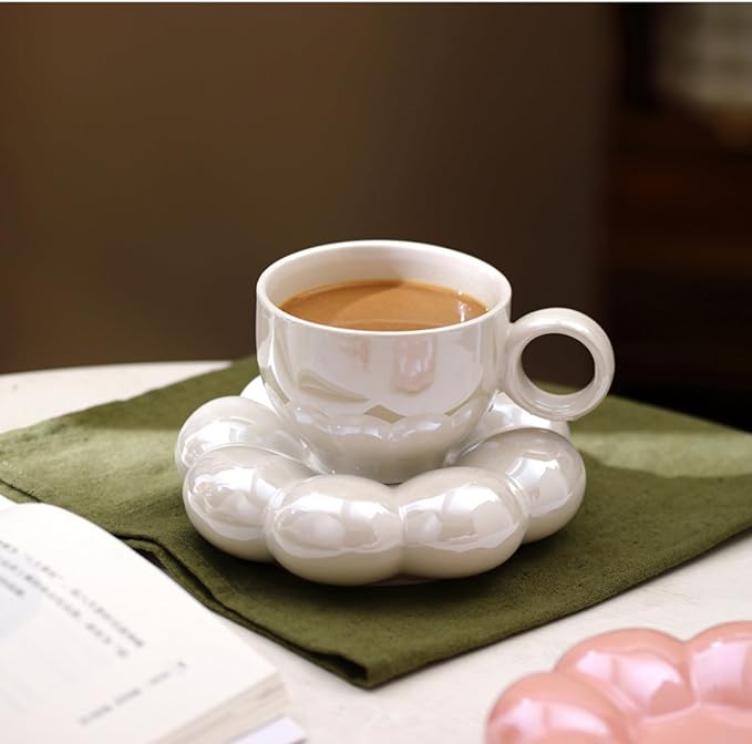 Goaste 2 Pack Ceramic Coffee Mug with Saucer Set, Cute Cloud Mug with Sunflower Coaster, 8oz Creative Latte Tea Cup for Office, Home, Coffee, Tea, Latte, Milk, Pink, Pearl White