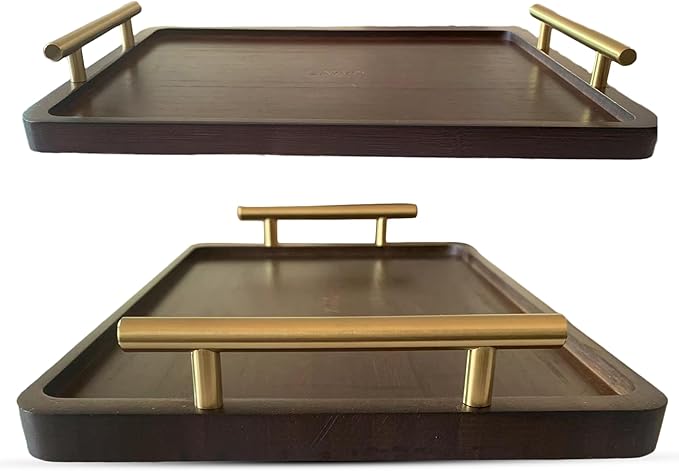 Zayvo Bamboo Serving Tray, Wood Serving Tray with Handles Breakfast Tray Decorative Tray for Living Room Kitchen Serving Platter Ottoman Tray Wood Bed Tray (Walnut Dark Brown, Medium