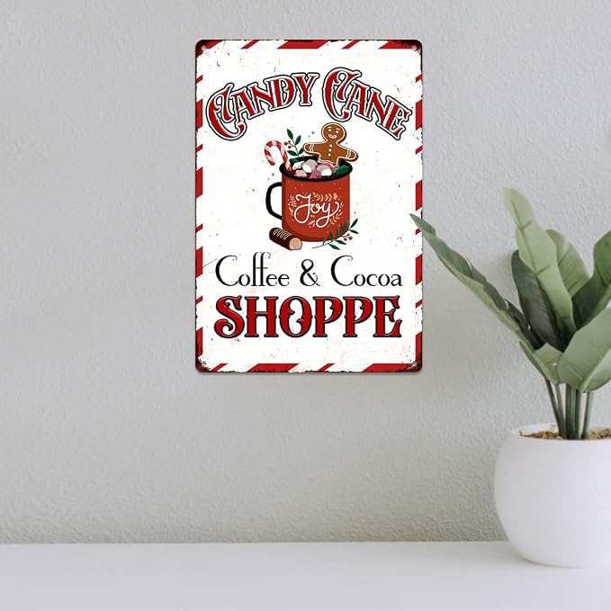 Christmas Signs Home Decor Vintage Art Poster Metal Hanging Plaque Kitchen Cafe Bar Farmhouse Porch Yard Outdoor Indoor Decorations Funny Xmas Gift 8X12 Inch (Candy Cane Coffee Cocoa Shoppe Sign) - Image 5