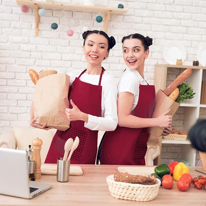 Total 6PCS Deep Red Bib Apron for Women Adult Unisex Durable Comfortable with 2 Front Pockets Washable Chef Aprons for Cooking Baking Kitchen Restaurant Crafting Painting. - Image 7