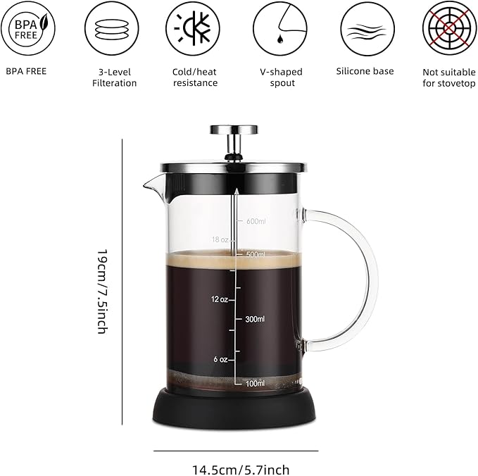 Bincoo French Press Coffee Maker 600ML - Single Layer Borolicate Glass Travel Coffee Press,Tea and Frothed Milk Press, Easy to Use