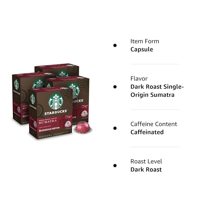 Starbucks by Nespresso Vertuo, Single-Origin Sumatra, Dark Roast Coffee, 32-count Coffee Pods, Brews 7.8 oz.