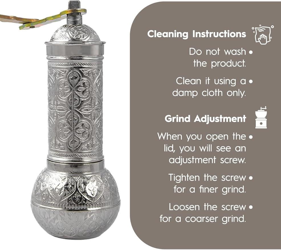 Decorative Handmade Coffee Grinder, Refillable Turkish Spice Mill, Manual Coffee Mill with Handle, Coffee Grinder Metal with Hand Crank 18 cm-7.1 inch (Silver)