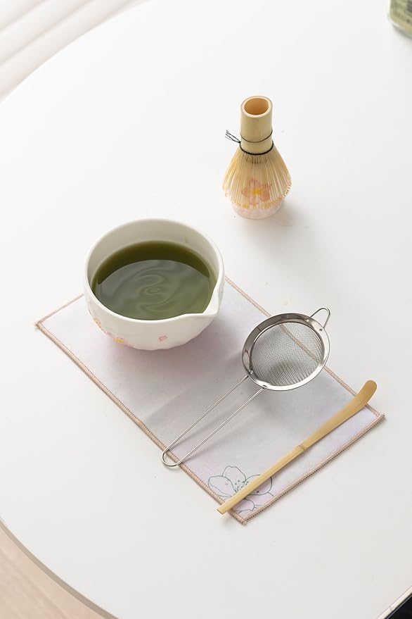 Matcha Tea Set with Sakura Ceramic Bowl, Fine Mesh Strainer and Bamboo Scoop, Japanese Style Matcha Accessories for Home Tea Ceremony.