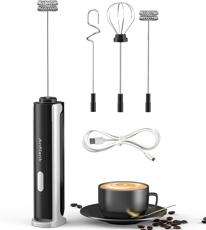 Handheld Milk Frother Wand with Folding Stand, Rechargeable Electric Whisk with 3 Speeds & 3 Stainless Heads, Milk Foam Maker with Stand for Latte, Cappuccino, Hot Chocolate, Egg