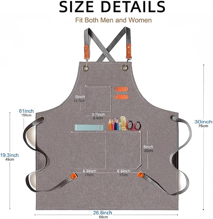 Aprons for Men Women with 3 Pockets, 16oz Cotton Canvas Chef Apron | Crossback Heavy Duty Kitchen Apron for Cooking, Durable Work Apron for Grilling, Baking, Hairstylist, Bartender, Barista, Art - Image 6