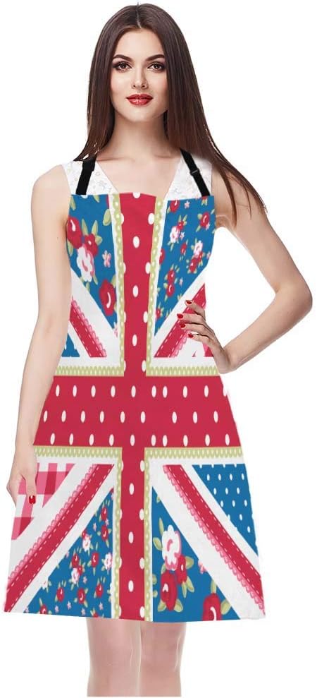 WONDERTIFY British Flag Apron,England Flag in Chic Floral Style Bib Apron with Adjustable Neck for Men Women,Suitable for Home Kitchen Cooking Waitress Chef Grill Bistro Baking BBQ Crafting Apron