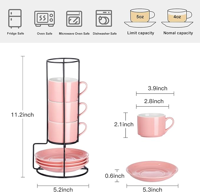 4oz Porcelain Stackable Espresso Cups with Saucers and Metal Stand Set of 4, Stackable Espresso Cups Set of 4, Pink Expresso Shots Cup Set for Coffee Drinks, Cappuccino Latte, Americano, Tea