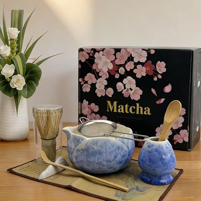 Matcha Set, 8Pcs Crystalline Glaze Ceramic Matcha Kit with Matcha Whisk, Holder, Scoop, Scoop Rest, Sifter, Spoon and Tea Towel - Thoughtful Matcha Whisk Set Gift for Matcha Lovers (Pink)(Blue)
