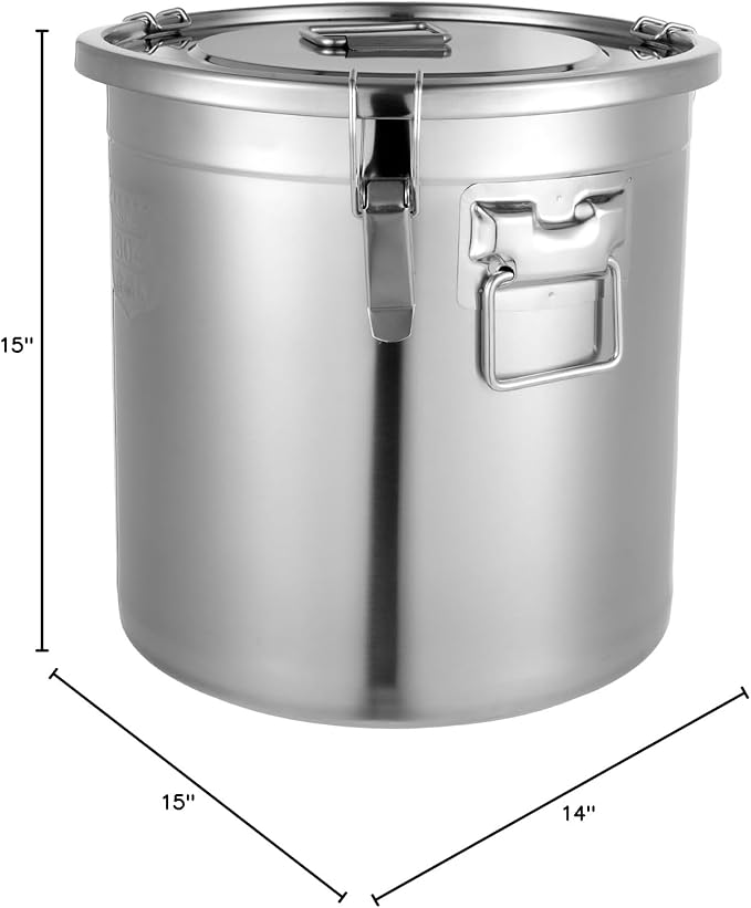 304 Stainless Steel Airtight Canister, Kitchen Metal Food Storage Canisters w/Airtight Lid & Locking Clamp, Cereal Container for Rice Flour Milk Coffee Bean, Silver (33L)