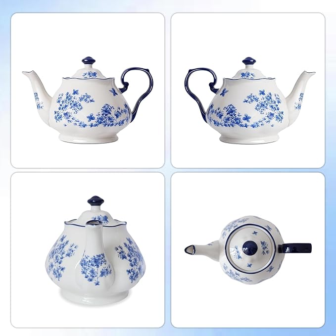 Bone China European Style Floral Ceramic Teapot - 45oz, Perfect for Tea Sets, Loose Tea, and Parties