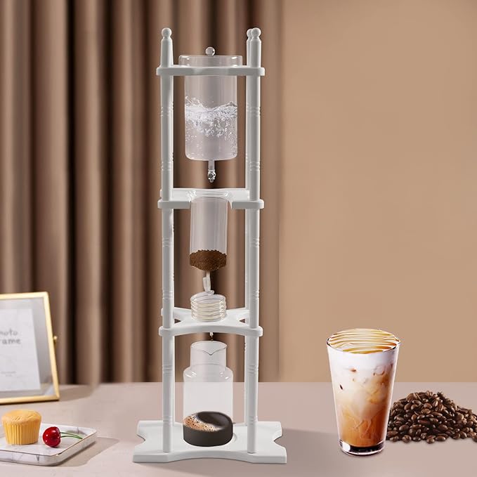 Coffee Maker, 2.5L Capacity Cold Brew Drip Tower Coffee Maker With Wooden Stand & Stainless Steel Filter For 25 Cup, White Iced Coffee Dripper With Sharing & Top Pot For Making Cold Extracted Coffee