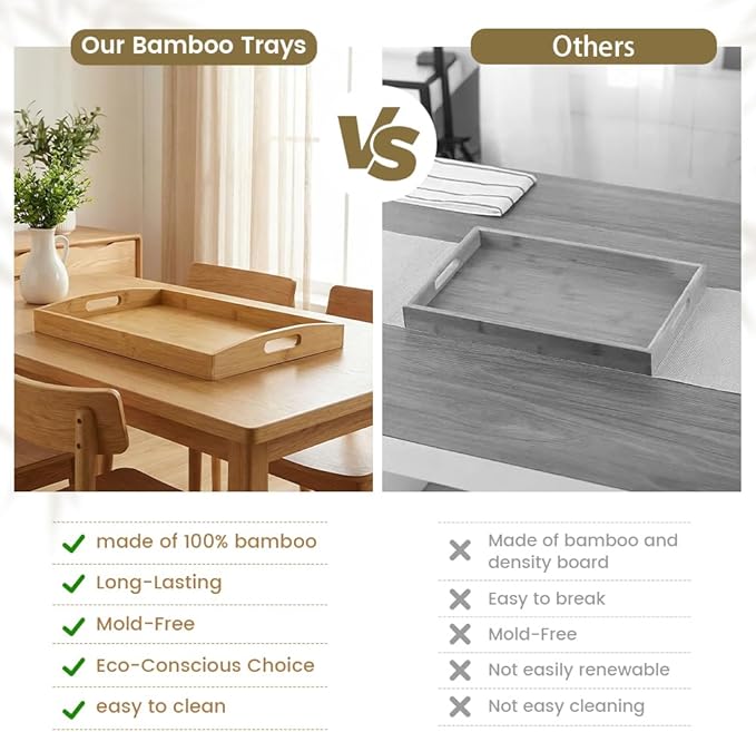 Bamboo Serving Tray with Handles - 2 Pack Wooden Food Tray for Breakfast in Bed, Eating, Decor and Storing - Decorative Trays Platter Use for Kitchen, Ottoman, Living Room, Party and Restaurant