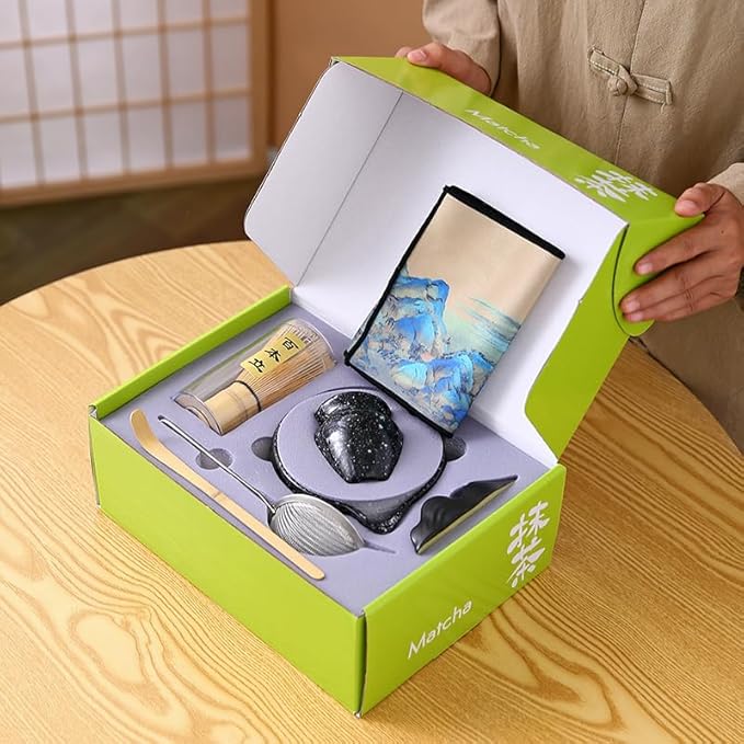 Matcha Set Matcha Whisk Matcha Bowl With Water Ladle Matcha Whisk Holder Tea Making Kit.Japanese Tea Set(7pcs)+1Spoon,Celadon Blue gift set… (Black spots)