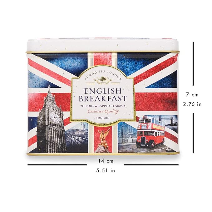 Ahmad Tea Black Tea, Nostalgic Britain Metal Caddy, English Breakfast Tea, 20 foil teabags - Caffeinated & Sugar-Free