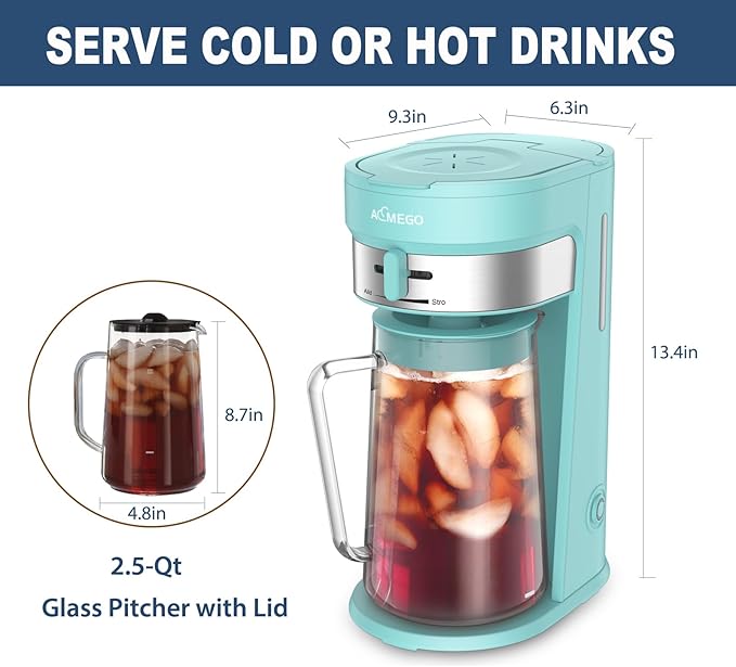 Iced Tea Maker, Brewing System with 2.5-quart Glass Pitcher, sliding strength selector, Stainless Steel Decoration, Reusable Filter (Green)