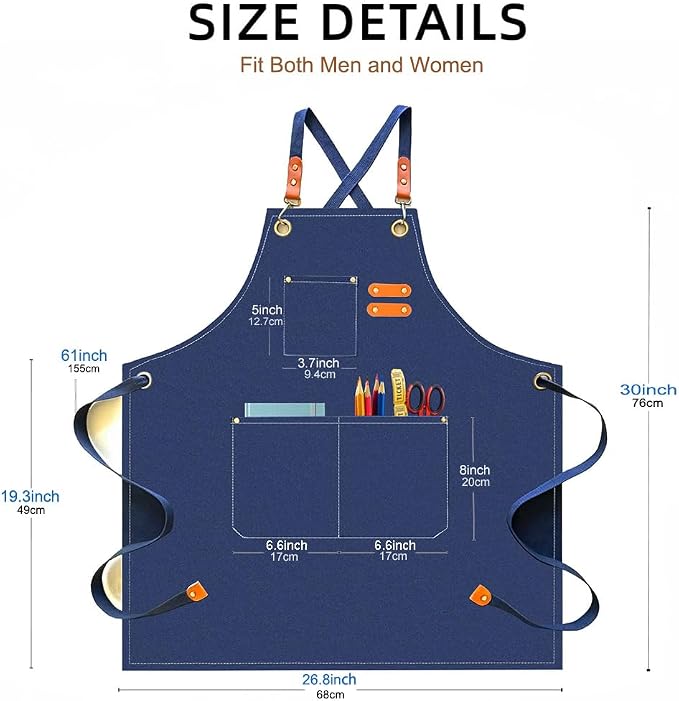 Aprons for Men Women with 3 Pockets, 16oz Cotton Canvas Chef Apron | Crossback Heavy Duty Kitchen Apron for Cooking, Durable Work Apron for Grilling, Baking, Hairstylist, Bartender, Barista, Art - Image 6