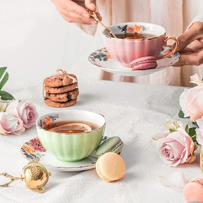 Porcelain Tea Cup with Saucers and Spoon, 2 Sets of 8 Oz Floral Coffee Mug with Gold Trim Holder, Royal Ceramic Teacup Set, Espresso Latte Mugs for Wedding Birthday Table Supplies (Pink + Apple Green)