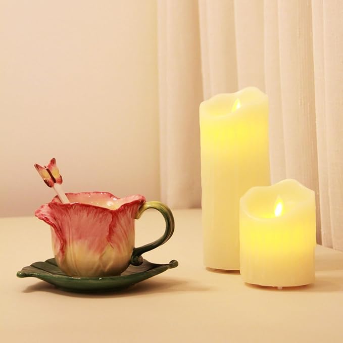 Ceramic Tea Cup and Saucer Set ,6OZ 3D Hand-Painted Flower Coffee Mug,Gift for Women -Pink Tulip