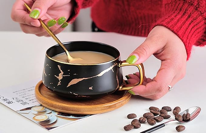YBK Tech Porcelain Tea Cup Coffee Mug Set for Afternoon Tea - Marble Pattern (Black, Short 300ml + wood saucer)