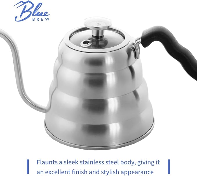 Blue Brew Gooseneck Kettle Stovetop, Tea Pot with Thermometer, 40oz Pour Over Coffee Maker for Coffee & Tea, Stainless Steel Coffee Kettle, Compatible with Electric Stove & Gas Stove (BB1201)