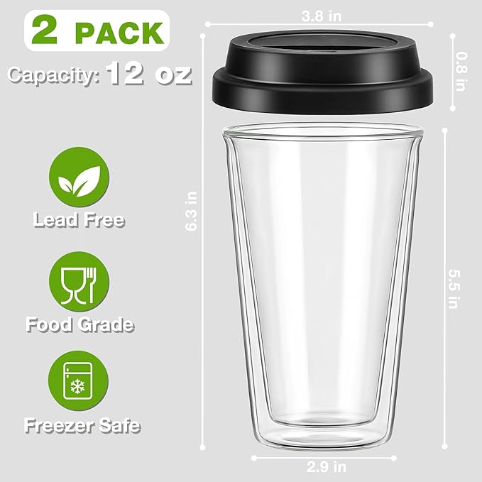 2 Pack Double Walled Insulated Coffee Mugs with Silicone Lids, 12 OZ Reusable Coffee Cups, Cappuccino, Tea, Latte, Iced Coffee Cups, Travel Mugs, Heat Resistant