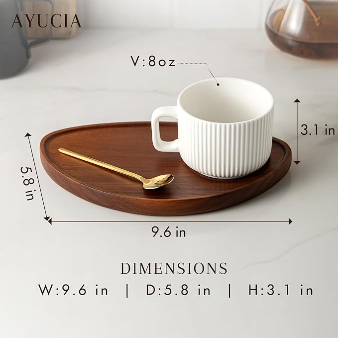 Tea Cups and Saucers Set of 2, 8OZ Cappuccino Cups with Acacia Serving Saucers and Spoons, White Cream Ceramic Coffee Mugs with 9.4inch Wooden Plates for Latte Dessert Breakfast