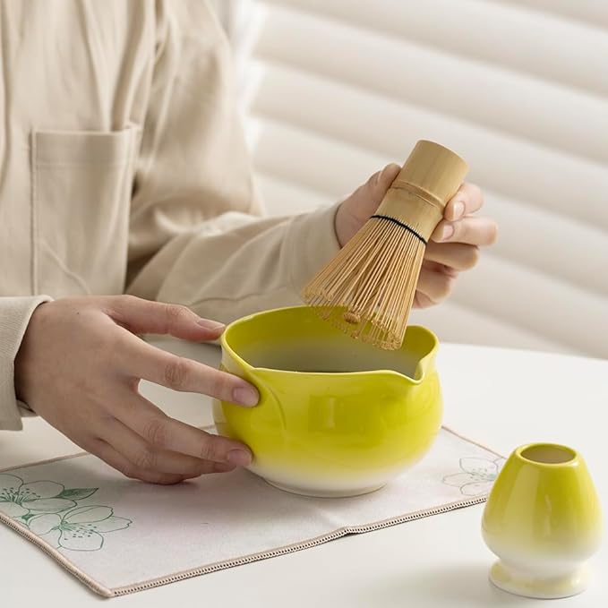Japanese Matcha Tea Set,Elegant Yellow Ceramic Matcha Bowl with Soft Glaze, Bamboo Whisk & Scoop, Complete Tea Ceremony Kit with Gift Box