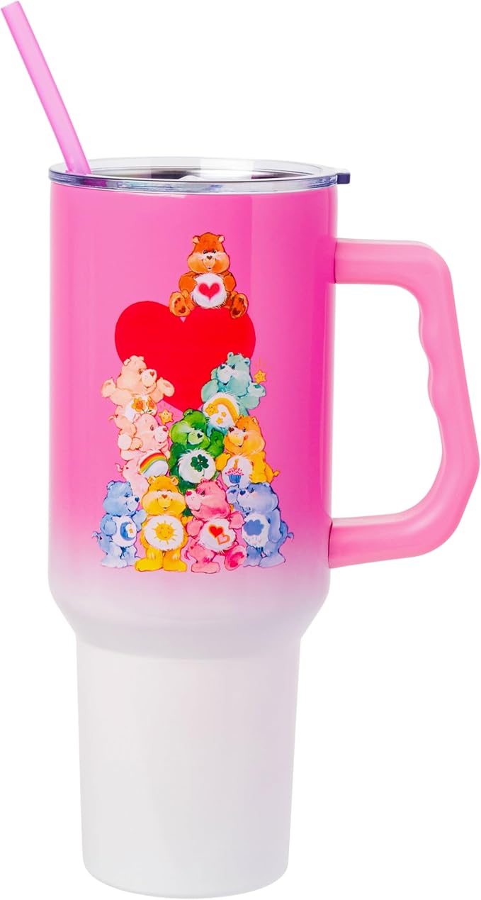 Silver Buffalo Care Bears Watercolor Heart Ombre Stainless Steel Tumbler with Handle and Straw, Fits in Standard Cup Holder, 40 Ounces (Pack of 12)