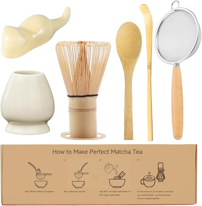 Matcha Whisk Set, 6-Piece Matcha Making Kit, Macha Tea Set, (Chasen Holder), Ceramic Whisk Holder, Matcha Starter Sifter, Bamboo Scoop, Spoon Japanese Tea Tools For Ceremony Gift (Yellow)