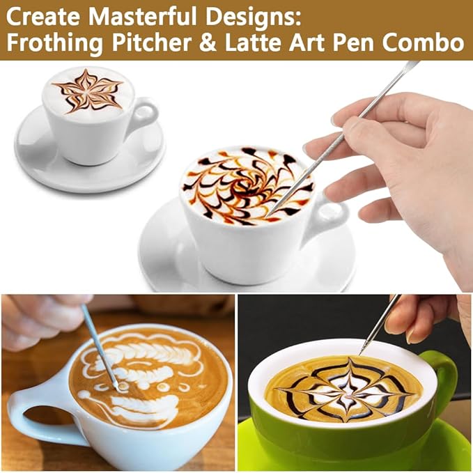 Frothing Milk Pitcher, 12 oz/350 ml Stainless Steel Frothing Milk Jug with Latte Art Pen,with Internal Measurements, for Cappuccino, Espresso and More