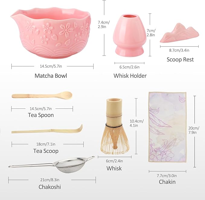 Matcha Whisk Set, 8 Pcs Matcha Kit with Ceramic Japanese Matcha Bowl & Accessories Kit for Traditional Tea Ceremony, Home Use & Gifts for Matcha Lovers (Pink)