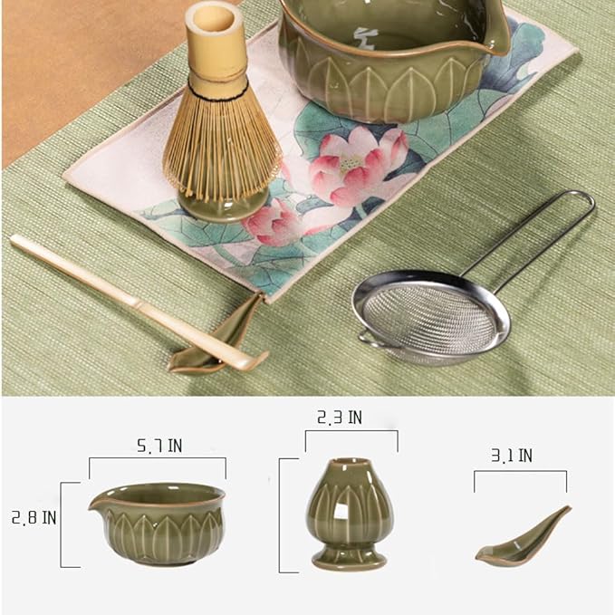 ZentButCool Matcha Set Includes Ceramic Matcha Bowl, Bamboo Whisk (Chasen), Scoop, Stainless Steel Matcha Sifter, And Whisk Holder (Red)