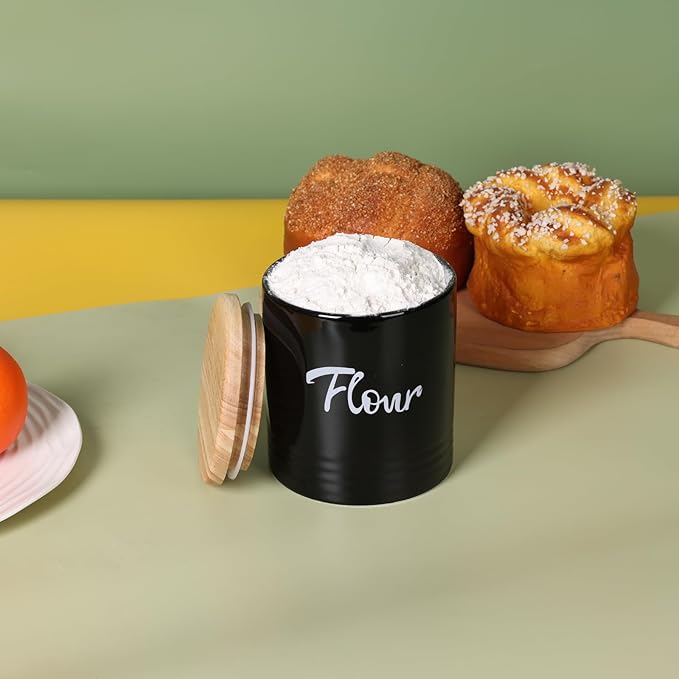LEETOYI Porcelain Food Storage Containers with Lid, 4.5 Inch 31oz, Black Labeled Flour